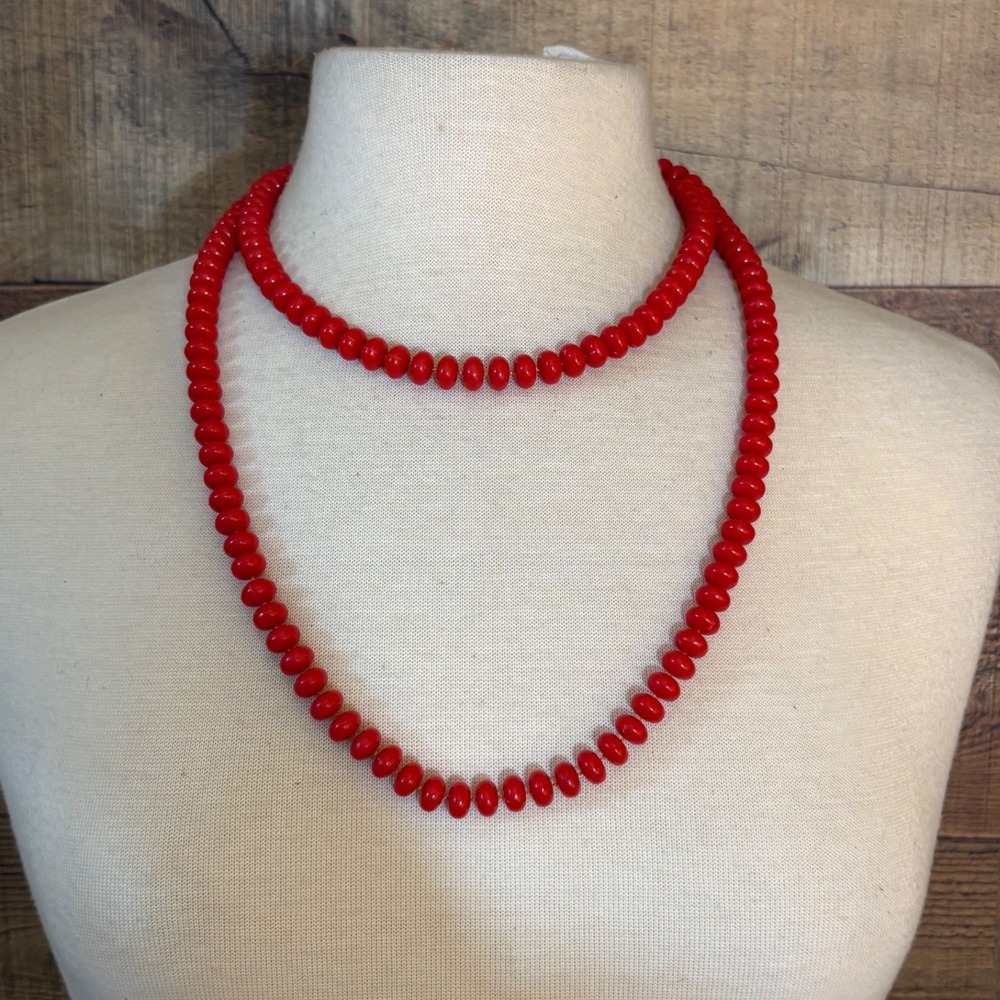 Vintage Style Red Double Strand Bead Necklace Continuous Loop Layered Statement